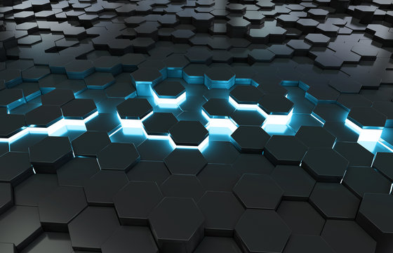 Glowing black blue hexagons background pattern on metal surface 3D rendering © sdecoret