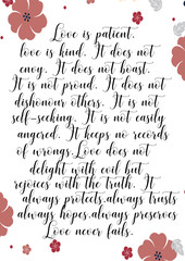 Love is beautiful, love is kind. Love poem with floral border