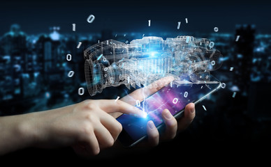 Businessman using wireframe holographic 3D digital projection of an engine