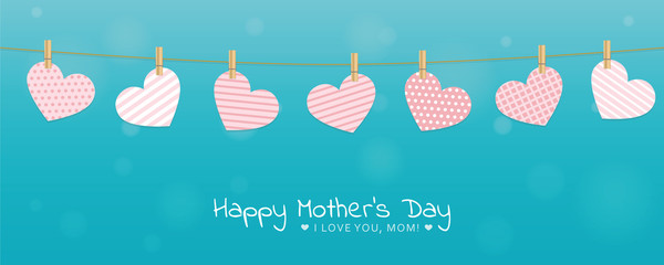 turquoise mothers day greeting card with patterned hanging hearts vector illustration EPS10