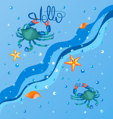 Fototapeta na wymiar Hello sea. Blue crab, sea and stars. Sea poster. Sea background, sea wave with water drops.