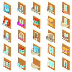 Window icons set. Isometric set of 25 window vector icons for web isolated on white background