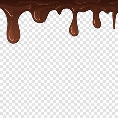 Dripping chocolate. Drips chocolate, isolated white transparent background. Melt fluid sweet dessert. Tasty splash liquid, cartoon design. Brown delicious cream. Flowing trickle. Vector illustration