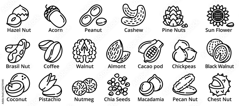 Poster nut icons set. outline set of nut vector icons for web design isolated on white background