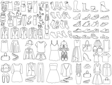 set of sketches of clothes for men and women