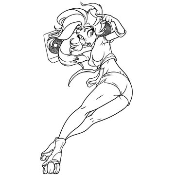 High detail outline of a anime girl on roller skates with boombox on her shoulder