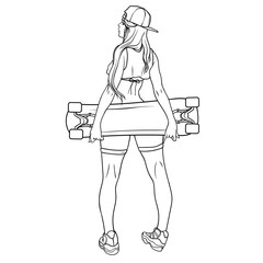Gorgeous outline of a young sexy woman with longboard behind her back