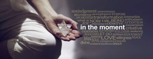 In the Moment Meditation Word Cloud Banner - Female sitting in Lotus Position on left side with...