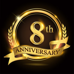 8th golden anniversary logo with ring and ribbon, laurel wreath vector design.