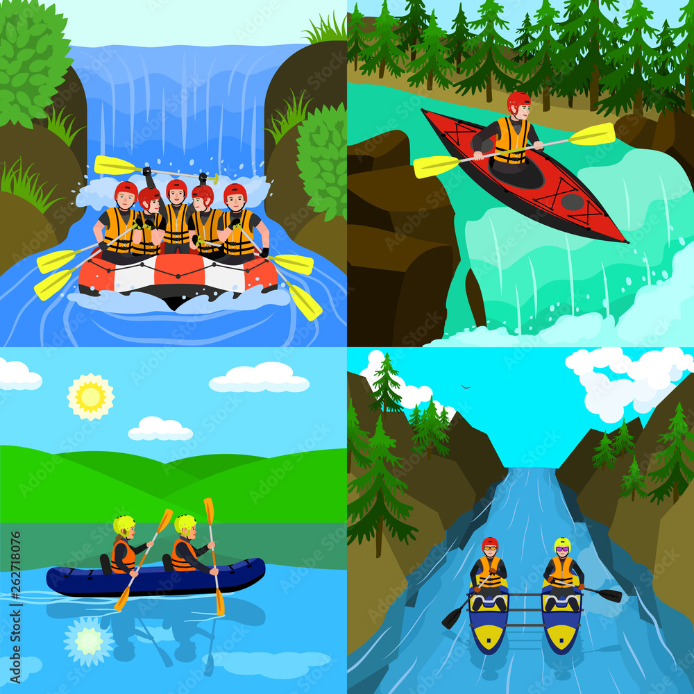 Poster rafting banner set. flat illustration of rafting vector banner set for web design