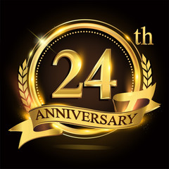 24th golden anniversary logo with ring and ribbon, laurel wreath vector design.
