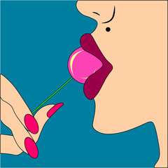 Illustration of lips and lollipop candy with speechbubble, vector poster