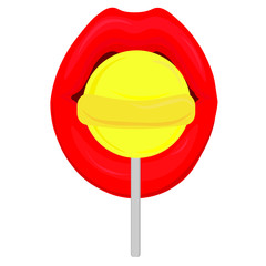 Sexy female lips licking lollipop. Girl eating candy on stick. Vector