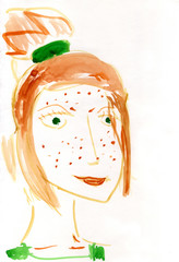 Redhead girl with green eyes and freckles. Children`s creativity.