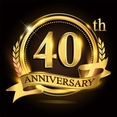 40th golden anniversary logo with ring and ribbon, laurel wreath vector design.
