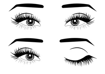 Close and open eyes of beautiful woman, long eyelashes. cosmetic model vector set. Human beauty eyes,, fashion makeup for woman eyes illustration.