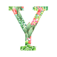 Watercolor botanical drop cap letter Y in retro style with succulents, flowers, kalanchoe and sweetheart. Vintage alphabet organic textured symbol in green and pink colors isolated on white background