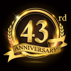 43rd golden anniversary logo with ring and ribbon, laurel wreath vector design.