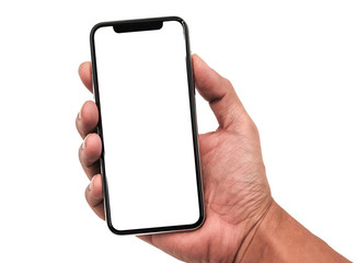 Hand holding, New version of black slim smartphone similar to iphone x with blank white screen from...