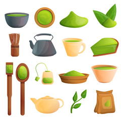 Matcha tea icons set. Cartoon set of matcha tea vector icons for web design