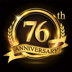 76th golden anniversary logo with ring and ribbon, laurel wreath vector design.