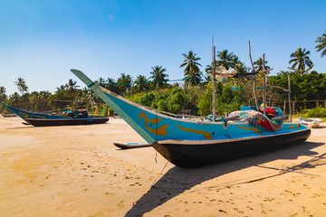 Fototapeta na wymiar Traditional fishing boats on a sandy beach. Sri Lanka.