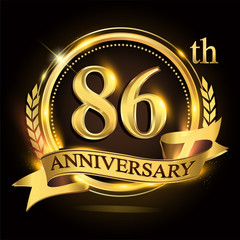 86th golden anniversary logo with ring and ribbon, laurel wreath vector design.