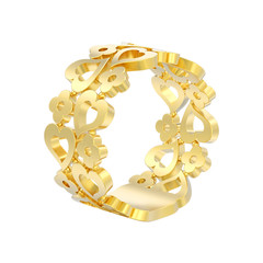 3D illustration isolated red yellow gold decorative curve out flowers and hearts ring