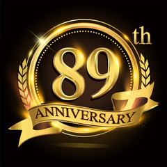 89th golden anniversary logo with ring and ribbon, laurel wreath vector design.