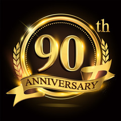 90th golden anniversary logo with ring and ribbon, laurel wreath vector design.