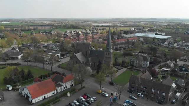 Church in a small village of Groessen in the Netherlands. Drone flight