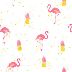 Flamingo and pineapple seamless pattern. Fun summer ornament for fabric