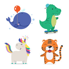Whale, dinosaur, unicorn, tiger. Cute cool little animals smiling. Kawaii cartoon baby animal character set. Flat hand drawn illustration kid's poster. Child theme. T-shirt print, wear, greeting card.