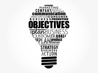 Objectives light bulb word cloud collage, business concept background