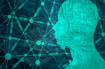 Tags cloud. Mental health relative brochure, report or flyer design template. Scientific medical designs. Molecule And Communication Background. Connected lines with dots.