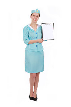  Stewardesse - Charming and smiling Stewardess Dressed In Blue Uniform holding a paper board - Isolated on white background
