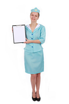  Stewardesse - Charming and smiling Stewardess Dressed In Blue Uniform holding a paper board - Isolated on white background