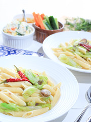 Penne pasta with anchovy and spring cabbage and shells アンチョビと春キャベツのペンネパスタ