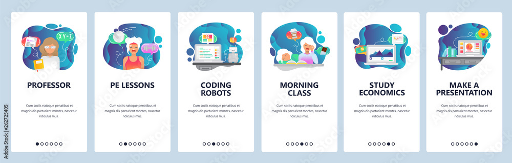 Wall mural mobile app onboarding screens. school and college education, programming robot, study economy, morni
