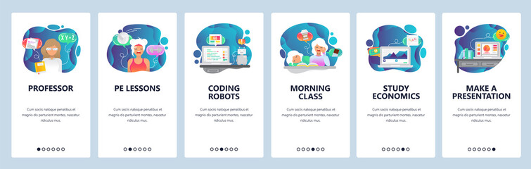 Mobile app onboarding screens. School and college education, programming robot, study economy, morning class. Menu vector banner template for website and mobile development. Web site flat illustration