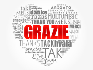 Grazie (Thank You in Italian) love heart word cloud background in different languages
