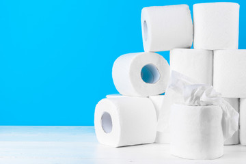 Toilet paper. Close up shot on blue background