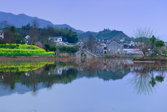 Small village and lake in the mountains