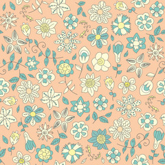Floral doodles seamless pattern. Vegetal hand drawing vector background