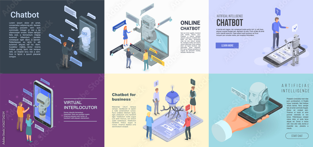 Aufkleber chatbot banner set. isometric set of chatbot vector banner for web design