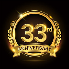 33rd golden anniversary logo, 33 years anniversary celebration with ring and ribbon, Golden anniversary laurel wreath design.