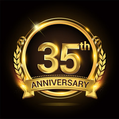 35th golden anniversary logo, 35 years anniversary celebration with ring and ribbon, Golden anniversary laurel wreath design.