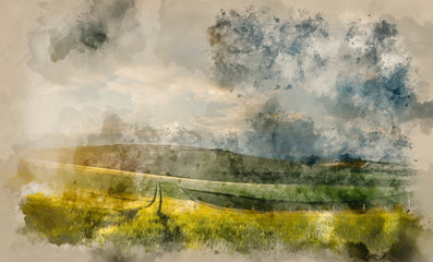 Watercolor painting of Beautiful panorama landscape South Downs countryside in Summer