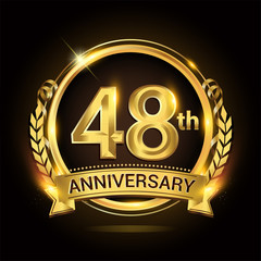 48th golden anniversary logo, 48 years anniversary celebration with ring and ribbon, Golden anniversary laurel wreath design.