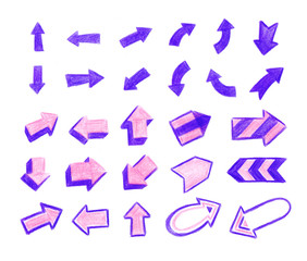 Violet, pink pencil hand drawn arrow sign illustration set
